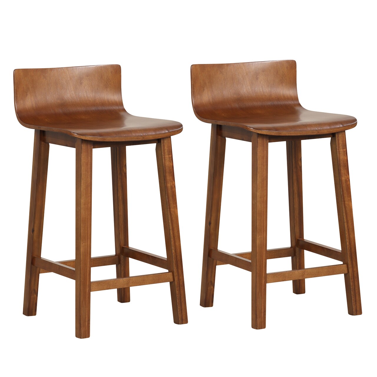 Mid Century Counter Height Bar Stools Set of 2 Solid Wood Seat with Backrest Brown